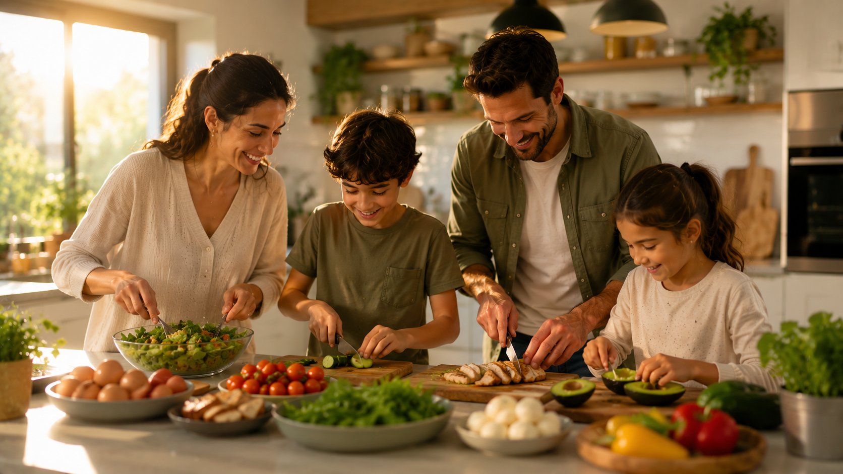 Familia cocinando saludable